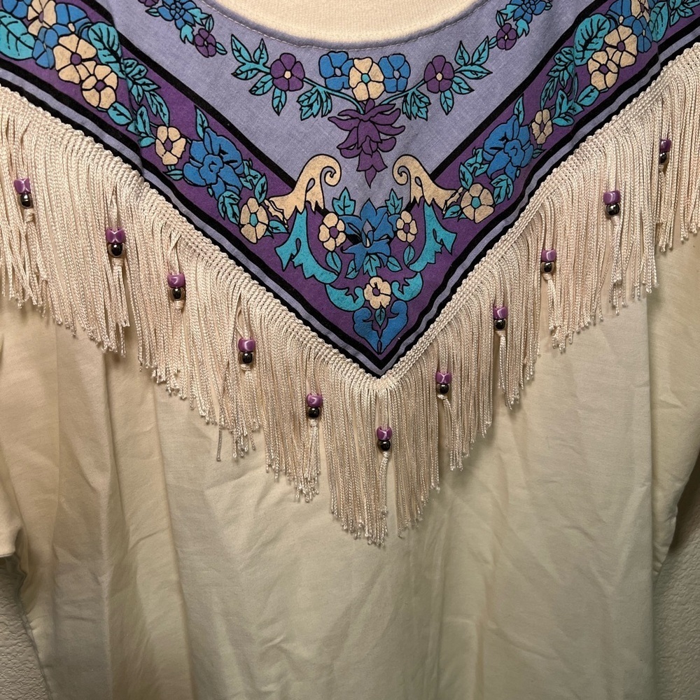 Vintage Cream Fringe Floral Women's Top - Picture 2 of 5